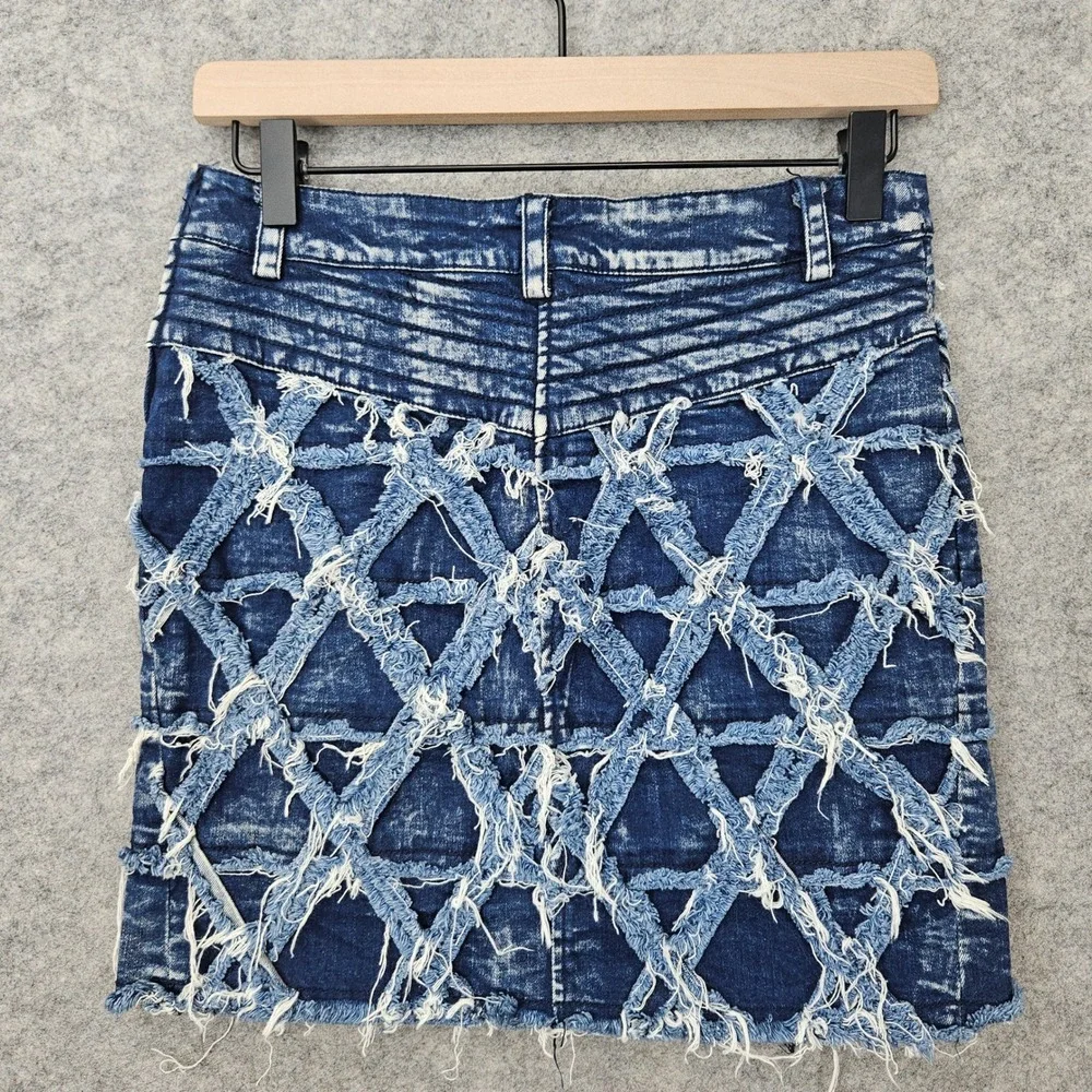 COMME USA Denim Mini Skirt Women's Blue Size M Distressed Frayed Lattice Beaded